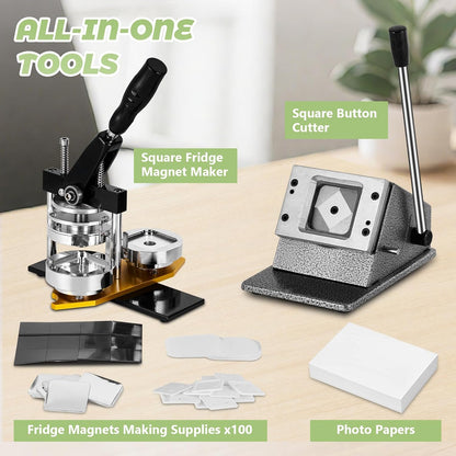 2X2In Square Fridge Magnet Maker Machine Kit Photo Magnets Making Kit DIY Square Magnet Button Press +Paper Cutter＋ 100 Sets Refills ＋Photo Papers
