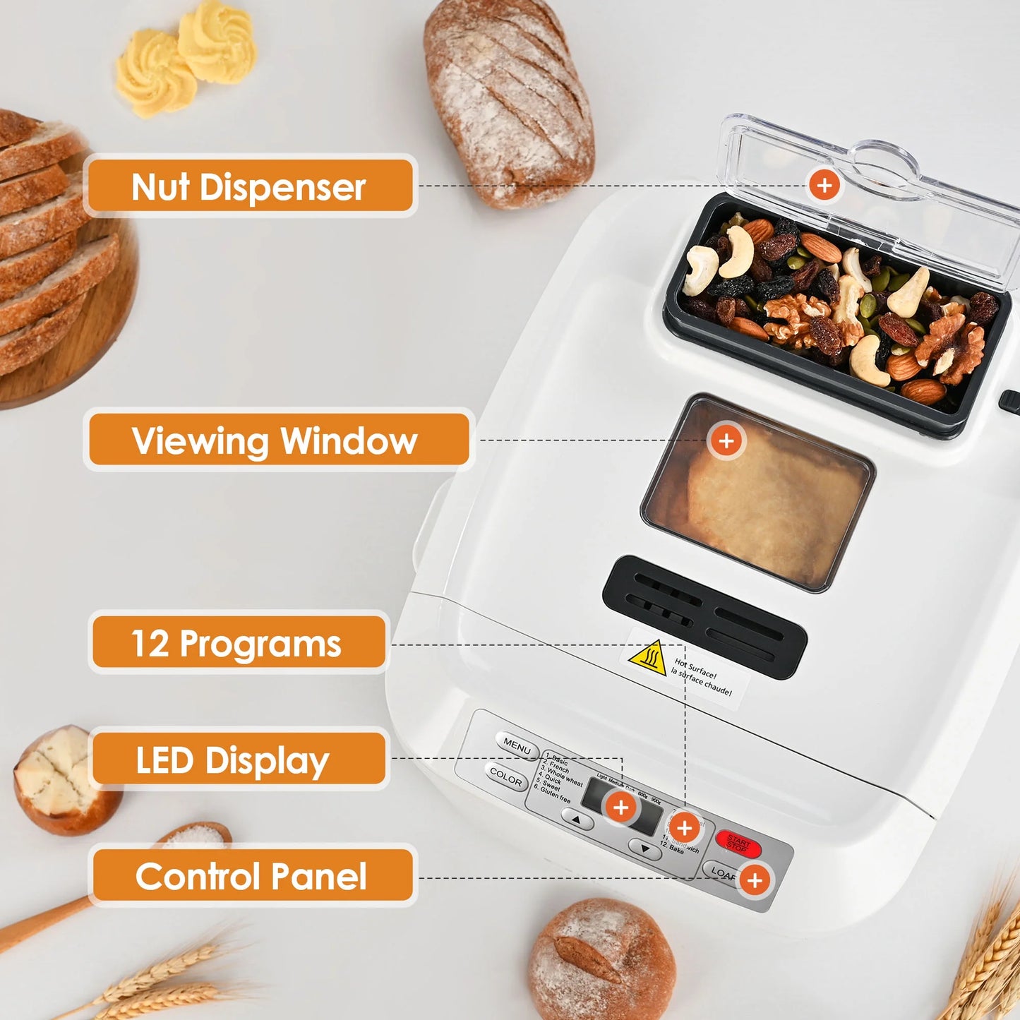 2Lb Bread Machine with Auto Fruit Nut Dispenser, 12 Presets Bread Maker Gluten-Free Setting, 13 Hour Delay Timer, White