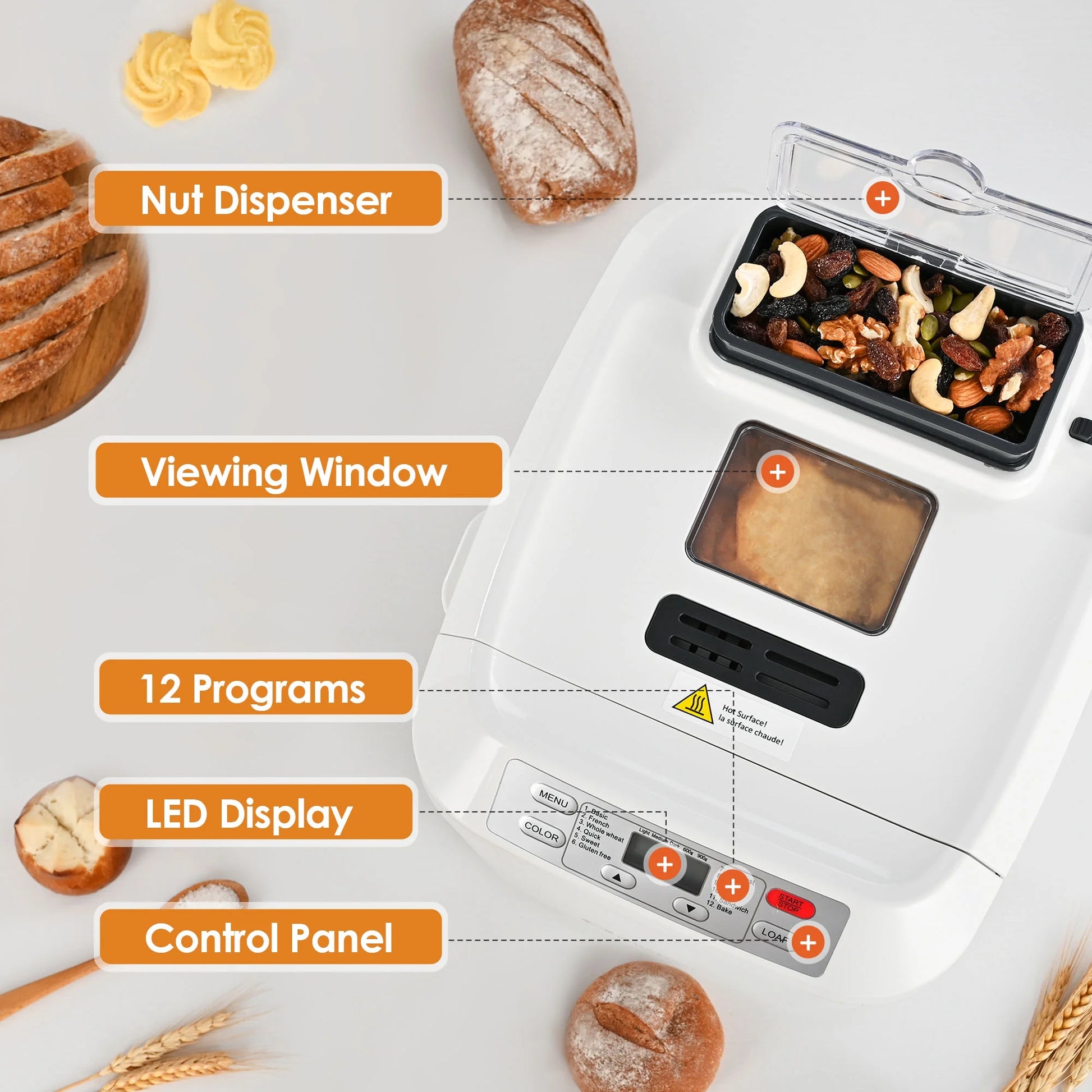 2Lb Bread Machine with Auto Fruit Nut Dispenser, 12 Presets Bread Maker Gluten-Free Setting, 13 Hour Delay Timer, White