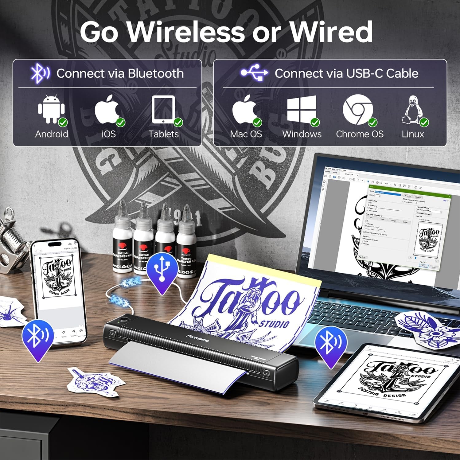 Phomemo Tattoo Stencil Printer Upgraded, TP81 Bluetooth Tattoo Printer with 10Pcs Transfer Paper, Compatible with Phone/Tablet/Pc, Tattoo Supplies for Tattoo Artists & Beginners,Black