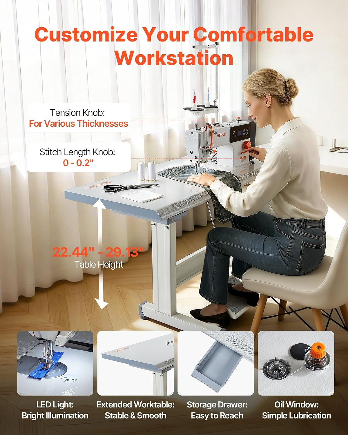 VEVOR Industrial Lockstitch Sewing Machine, 550W Servo Motor Commercial Sewing Machine Set with Table Stand, 5000 SPM High Speed, Auto Thread Trimmer, Metal Frame for Denim Cotton Sewing