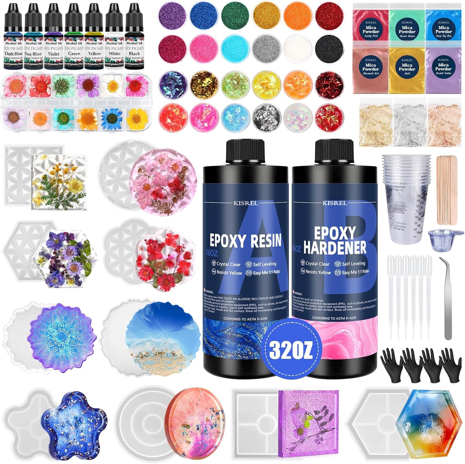 KISREL Epoxy Resin Kit for Beginners, 32Oz Resin Kit with Coaster Molds, Complete Accessories Include Pigment, Mica Powders, Dried Flowers, Glitter, Measuring Cups and Other Resina Supplie