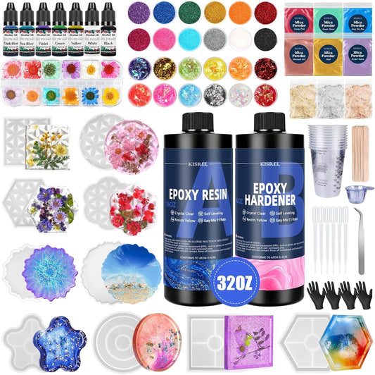 KISREL Epoxy Resin Kit for Beginners, 32Oz Resin Kit with Coaster Molds, Complete Accessories Include Pigment, Mica Powders, Dried Flowers, Glitter, Measuring Cups and Other Resina Supplie