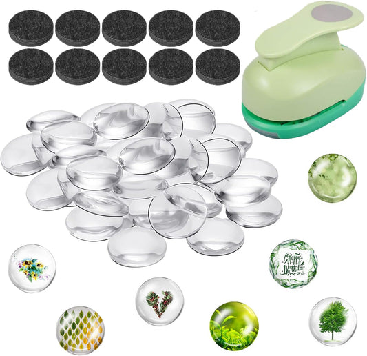 97Pcs DIY Fridge Magnets Craft Set Include 1-Inch Paper Punch,Craft Magnets Glass Ceramic Ferrite Magnet with Adhesive Backing and Clear Glass Cabochons for Refrigerator (48 Sets,1 Inch, Round)