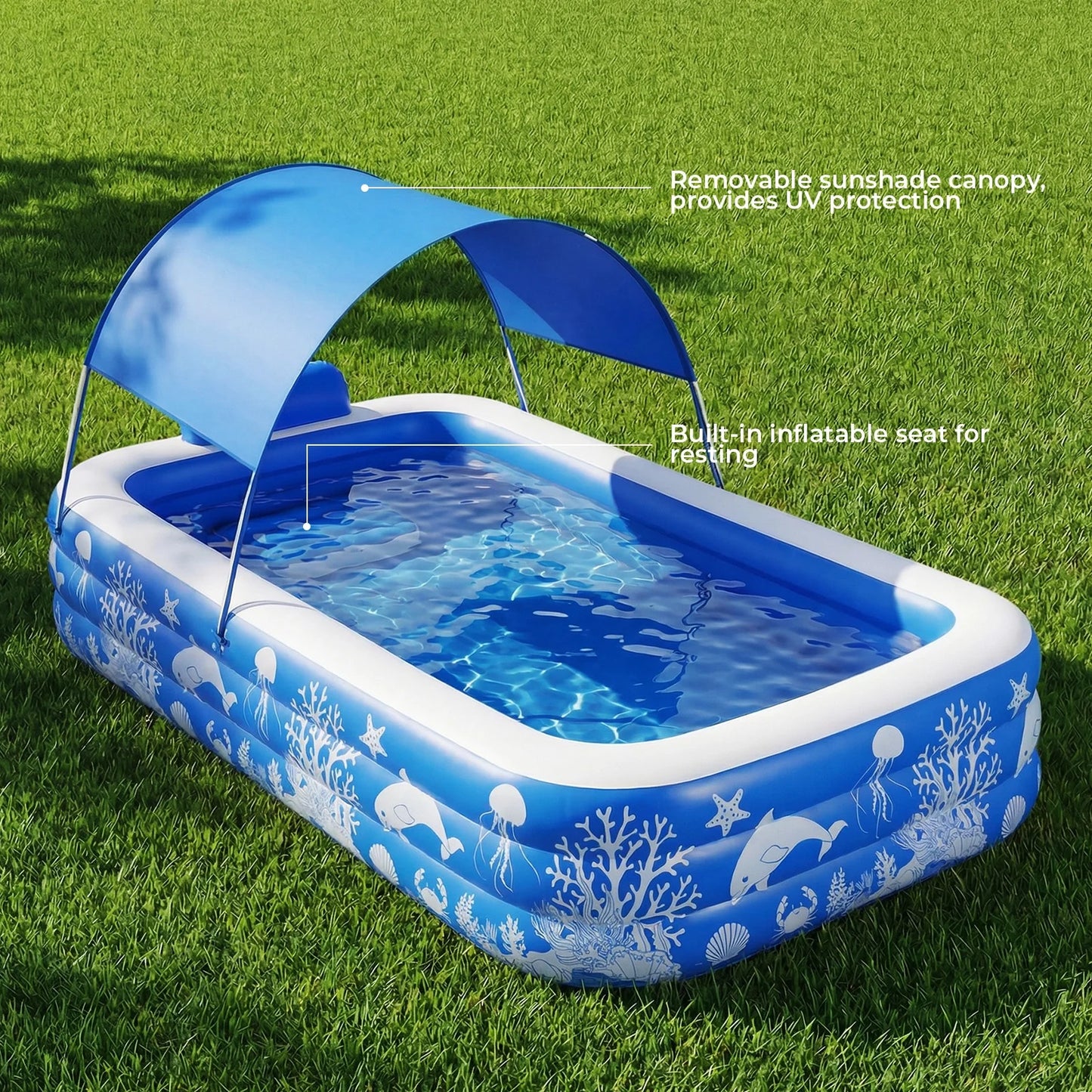 Inflatable Pool with Canopy, Family Size Swimming Pool Thickened Kiddie Pool for Kids Children Family Outdoor, 120'' X 68'' X 57''