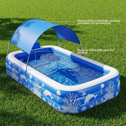 Inflatable Pool with Canopy, Family Size Swimming Pool Thickened Kiddie Pool for Kids Children Family Outdoor, 120'' X 68'' X 57''