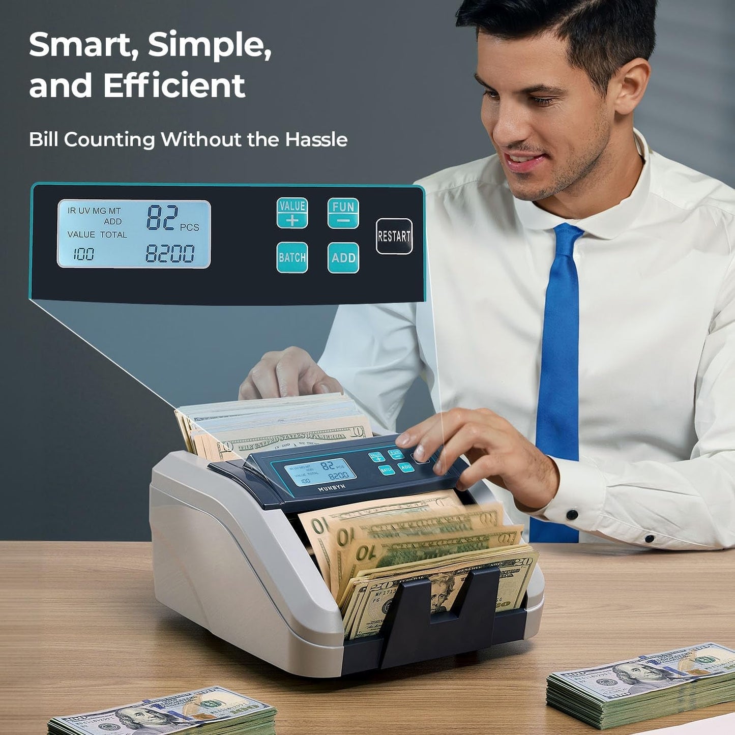 MUNBYN IMC51 Money Counter Machine Count Value, Add+Batch/Add+ Value Mode Bill Counter, UV/MG/IR/MT Detection, USD Only Cash Counter,1100 Bills/Min, Money Counting Machine with LCD Display (Gray)