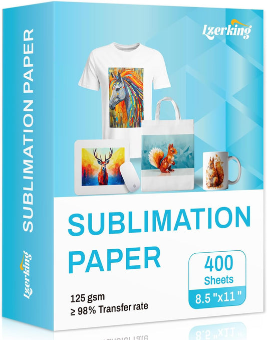 Lzerking Sublimation Paper 8.5X11 Inch 125Gsm 400 Sheets | Heat Transfer Paper for Inkjet Printers - Ideal for Various Coatings, DIY Projects, T-Shirts, Phone Cases, Mugs
