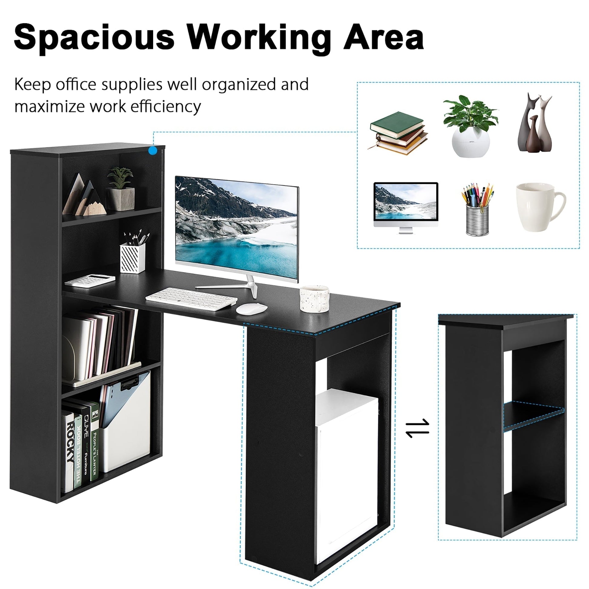 Computer Desk Writing Workstation Office W/6-Tier Storage Shelves Black