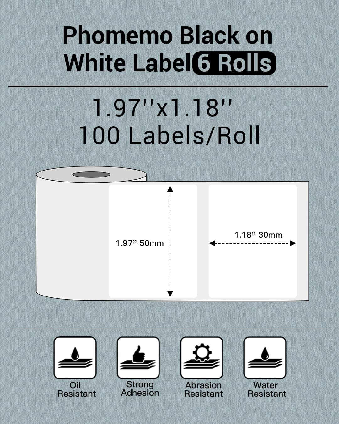 Phomemo 1.97"X1.18"(50X30Mm) Label, 6 Rolls M110/M110S/M120/M200/M220 Thermal Paper - Multi-Purpose Square Self-Adhesive Label, 230 Labels/Roll, Black on White
