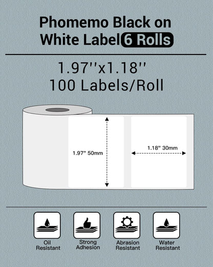 Phomemo 1.97"X1.18"(50X30Mm) Label, 6 Rolls M110/M110S/M120/M200/M220 Thermal Paper - Multi-Purpose Square Self-Adhesive Label, 230 Labels/Roll, Black on White