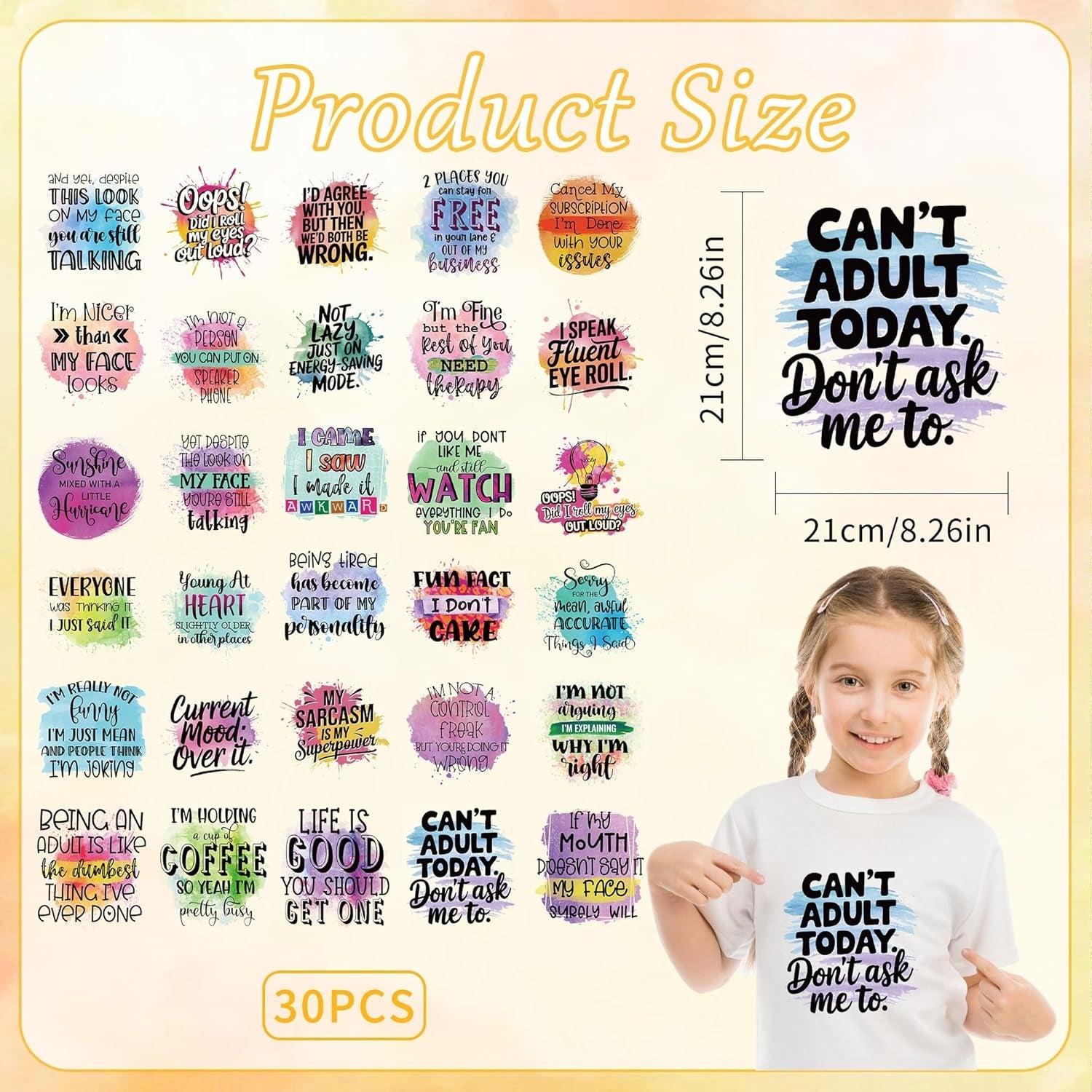 Funny Iron on Transfers for T-Shirts, 30 Pcs Funny DTF Transfers Ready to Press, Sarcasm Quotes Iron on Decals, Humorous Heat Transfer Vinyl for Bag Pillow Clothing