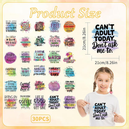 Funny Iron on Transfers for T-Shirts, 30 Pcs Funny DTF Transfers Ready to Press, Sarcasm Quotes Iron on Decals, Humorous Heat Transfer Vinyl for Bag Pillow Clothing