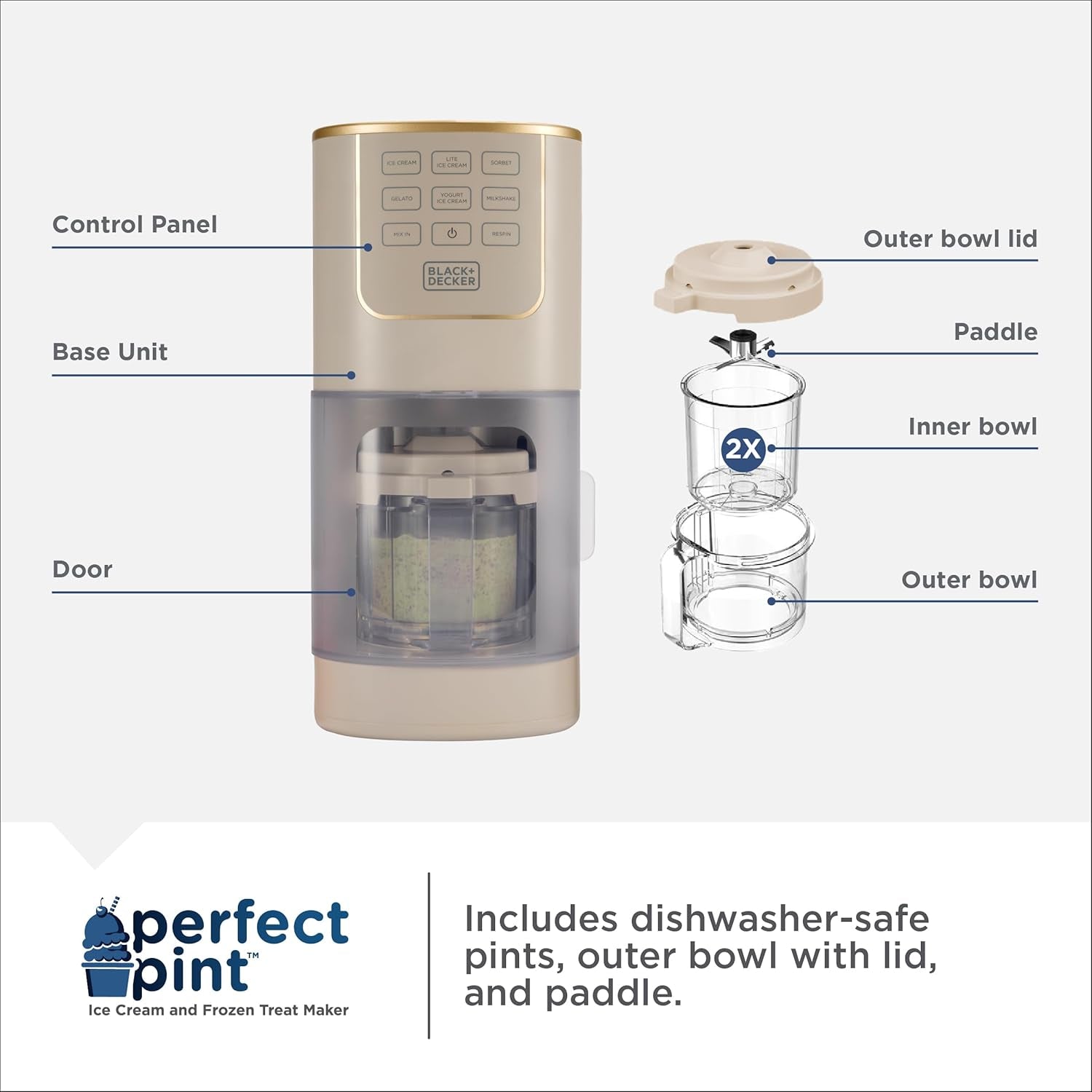 BLACK+DECKER Perfect Pint Ice Cream Maker for Homemade Frozen Treats, Gelato, Sorbet, Milkshakes, Frozen Yogurt, Light Ice Cream, Mix-Ins, Dairy-Free, Keto-Friendly Dessert Machine
