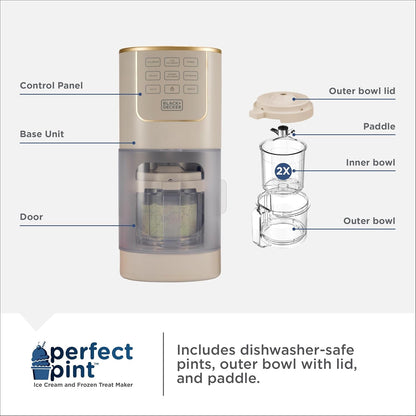 BLACK+DECKER Perfect Pint Ice Cream Maker for Homemade Frozen Treats, Gelato, Sorbet, Milkshakes, Frozen Yogurt, Light Ice Cream, Mix-Ins, Dairy-Free, Keto-Friendly Dessert Machine