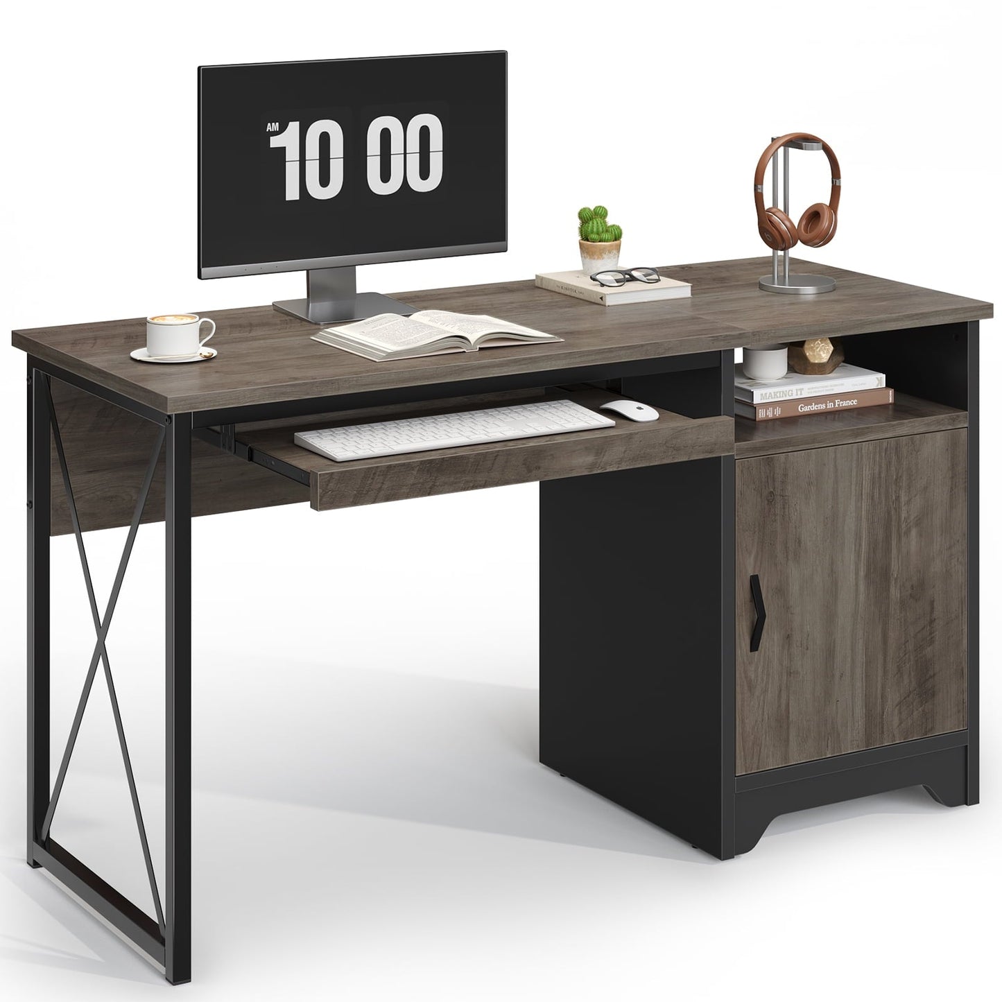Home Office Desk 47" Computer Desk Small PC Table with Keyboard Tray and Storage Cabinet,Wash Gray