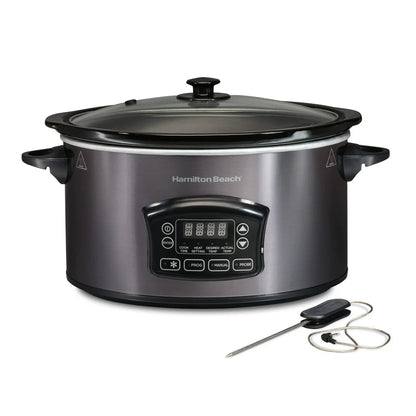 Programmable Defrost Slow Cooker, 6 Quart Capacity, Temperature Probe, Removable Crock, Black, 33768