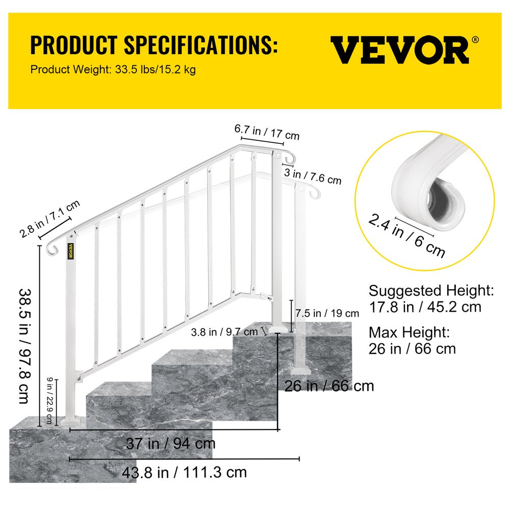 brand Handrail Picket #3 Fits 3 or 4 Steps Stair Rail Height Adjustable Wrought Iron Handrail with Installation Kit Hand Rails for Outdoor/Indoor Steps， Matte White