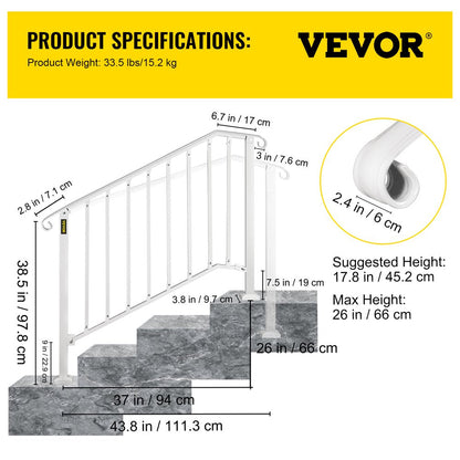 brand Handrail Picket #3 Fits 3 or 4 Steps Stair Rail Height Adjustable Wrought Iron Handrail with Installation Kit Hand Rails for Outdoor/Indoor Steps， Matte White