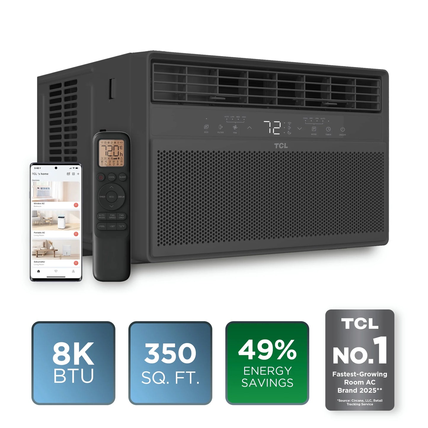 8,000 BTU Smart Inverter Window Air Conditioner (Black) - 350 Sq Ft with up to 49% Energy Savings, Quiet Cooling Tech, 3-In-1 Cooling, Fan & Dehumidifier, Matter Wi-Fi, Remote Control - W8WC72-B