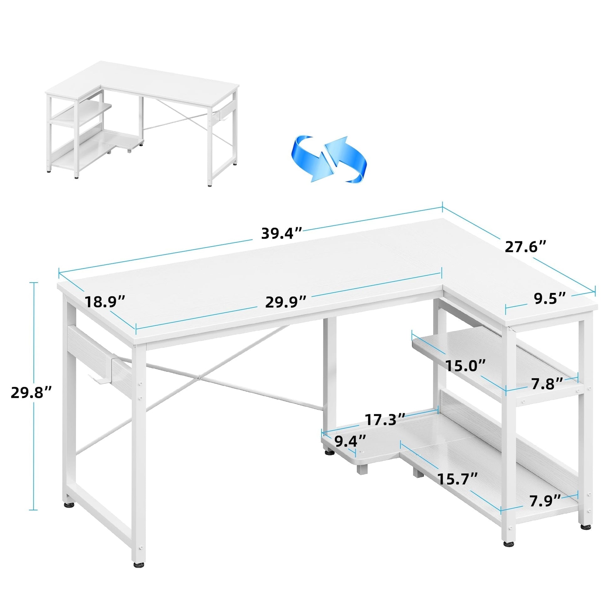 40 Inch L Shaped Computer Desk with 3 Storage Shelves, Small Reversible Corner Desk for Small Space with Hock, Home Office L-Shaped Desk, White