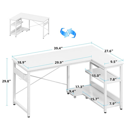 40 Inch L Shaped Computer Desk with 3 Storage Shelves, Small Reversible Corner Desk for Small Space with Hock, Home Office L-Shaped Desk, White