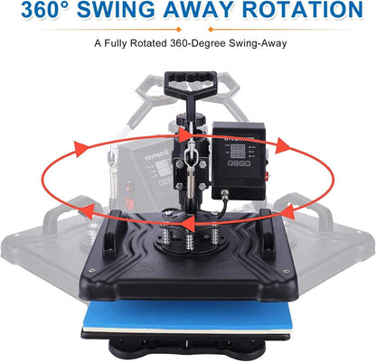 Heat Press Machine for Tshirts, 5 in 1 Heat Transfer Machine, 12" X 15" Heat Printing Press for Sublimation Combo with 360 Degree Rotation Swing Away for T-Shirt Hat Cap Mug Plate, Blue Black