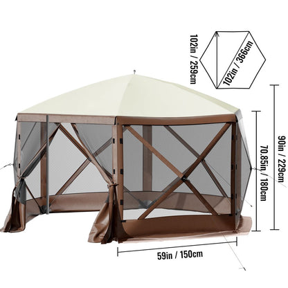 brand Camping Gazebo Tent, 10'X10', 6 Sided Pop-Up Canopy Screen Tent for 8 Person Camping, Waterproof Screen Shelter W/ Portable Storage Bag, Ground Stakes, Mesh Windows, Brown & Beige