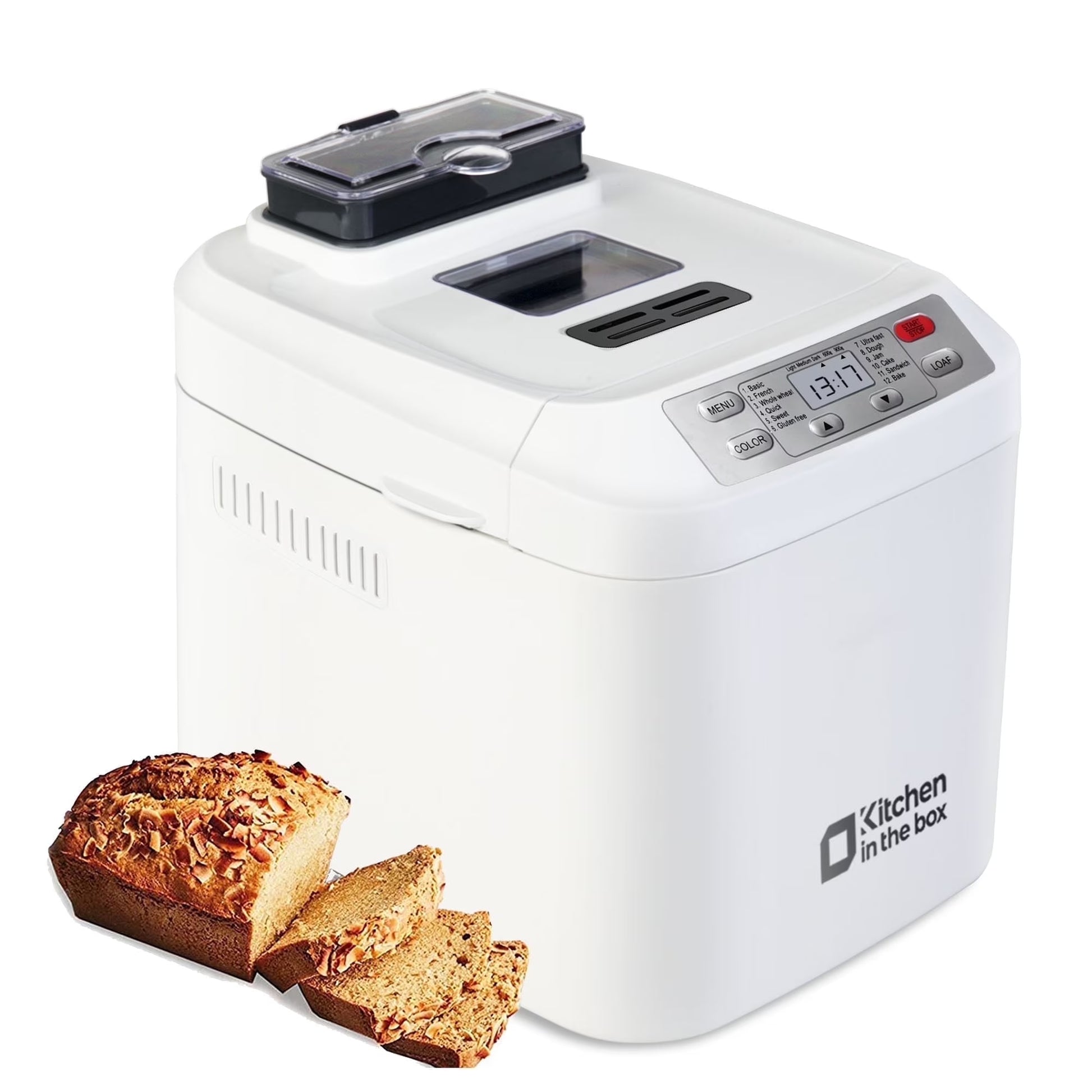2Lb Bread Machine with Auto Fruit Nut Dispenser, 12 Presets Bread Maker Gluten-Free Setting, 13 Hour Delay Timer, White