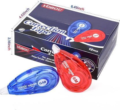 White Correction Tape, Easy to Use Applicator for Instant Corrections Wrong Writing at Any Time, for School, Office (Red and Blue, 12Pack, 6M/256" X 0.2")
