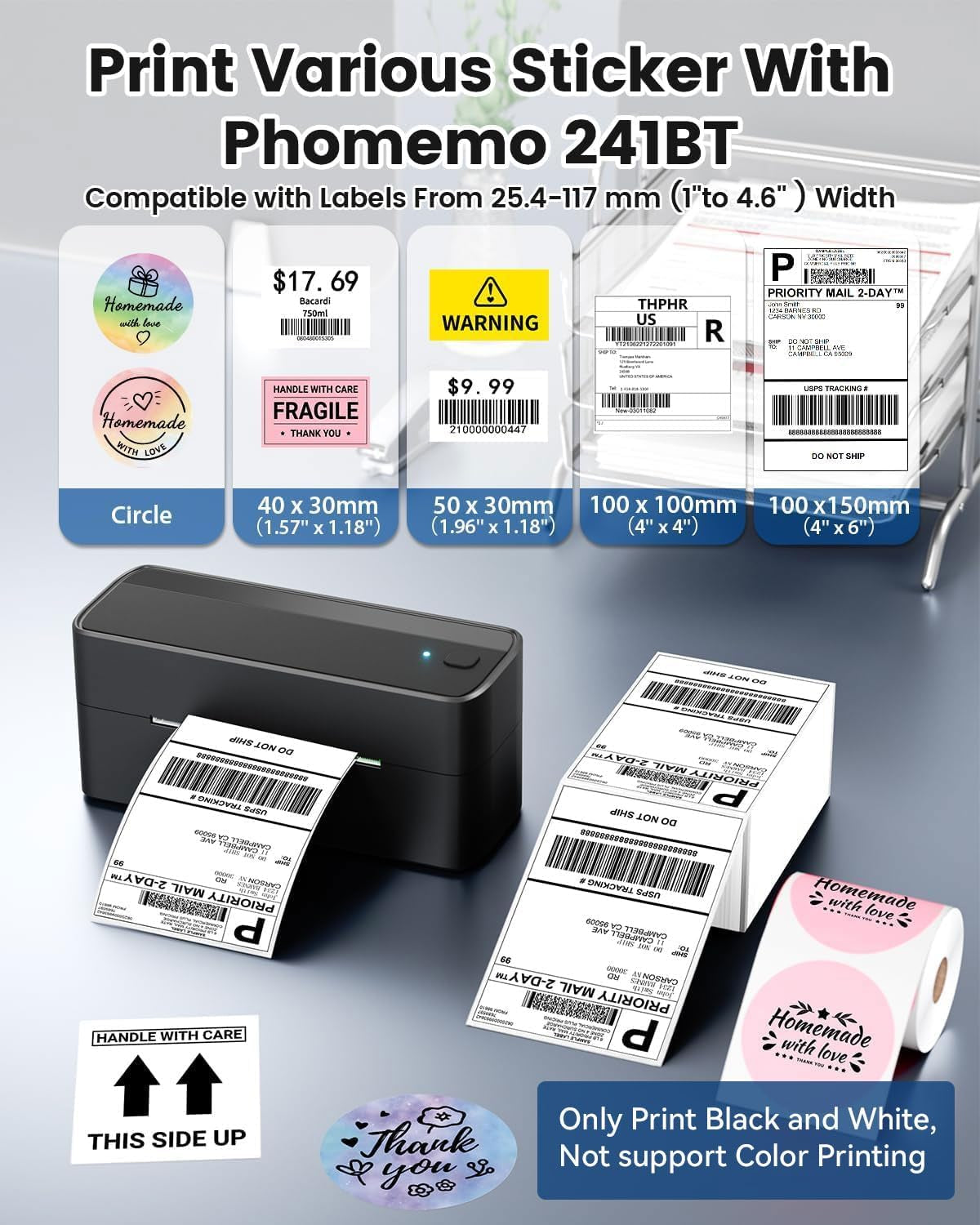 Phomemo Bluetooth Shipping Label Printer, 241BT 4X6 Wireless Thermal Label Printer for Small Business, Labels Printers for Shipping Package, Compatible with Iphone, Android, Amazon, Shopify, Black