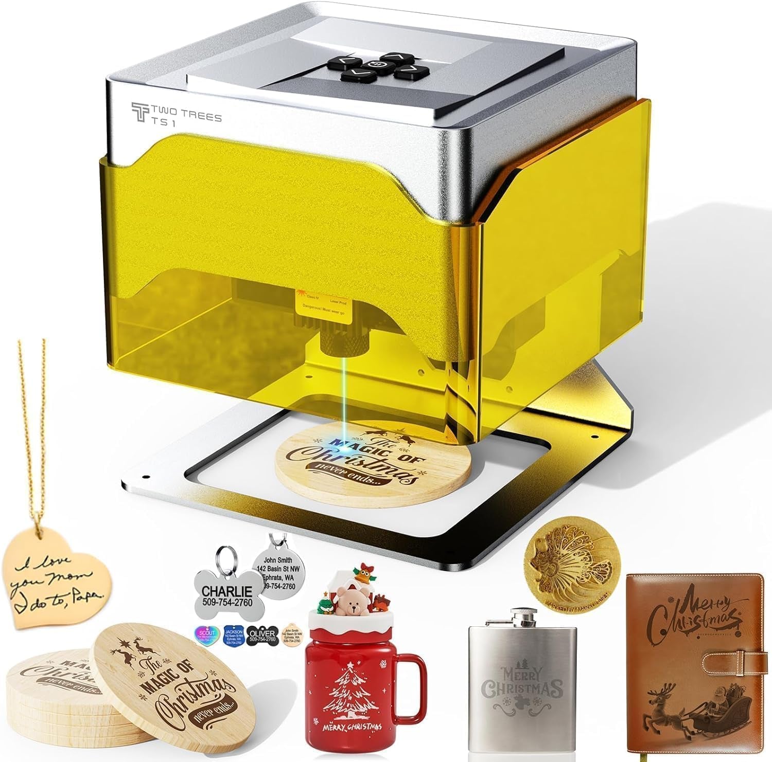 Twotrees TS1 Mini 3W Laser Engraver, Fully Enclosed Safe Design 80X80Mm, 1Kg Ultra-Portable Bluetooth APP Control for DIY Small Gifts Family Classroom