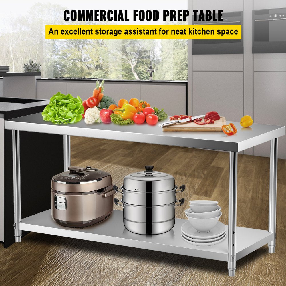 Stainless Steel Prep Table, 72 X 30 X 34 Inch, 550Lbs Load Capacity Heavy Duty Metal Worktable with Adjustable Undershelf, Commercial Workstation for Kitchen Restaurant Garage Backyard