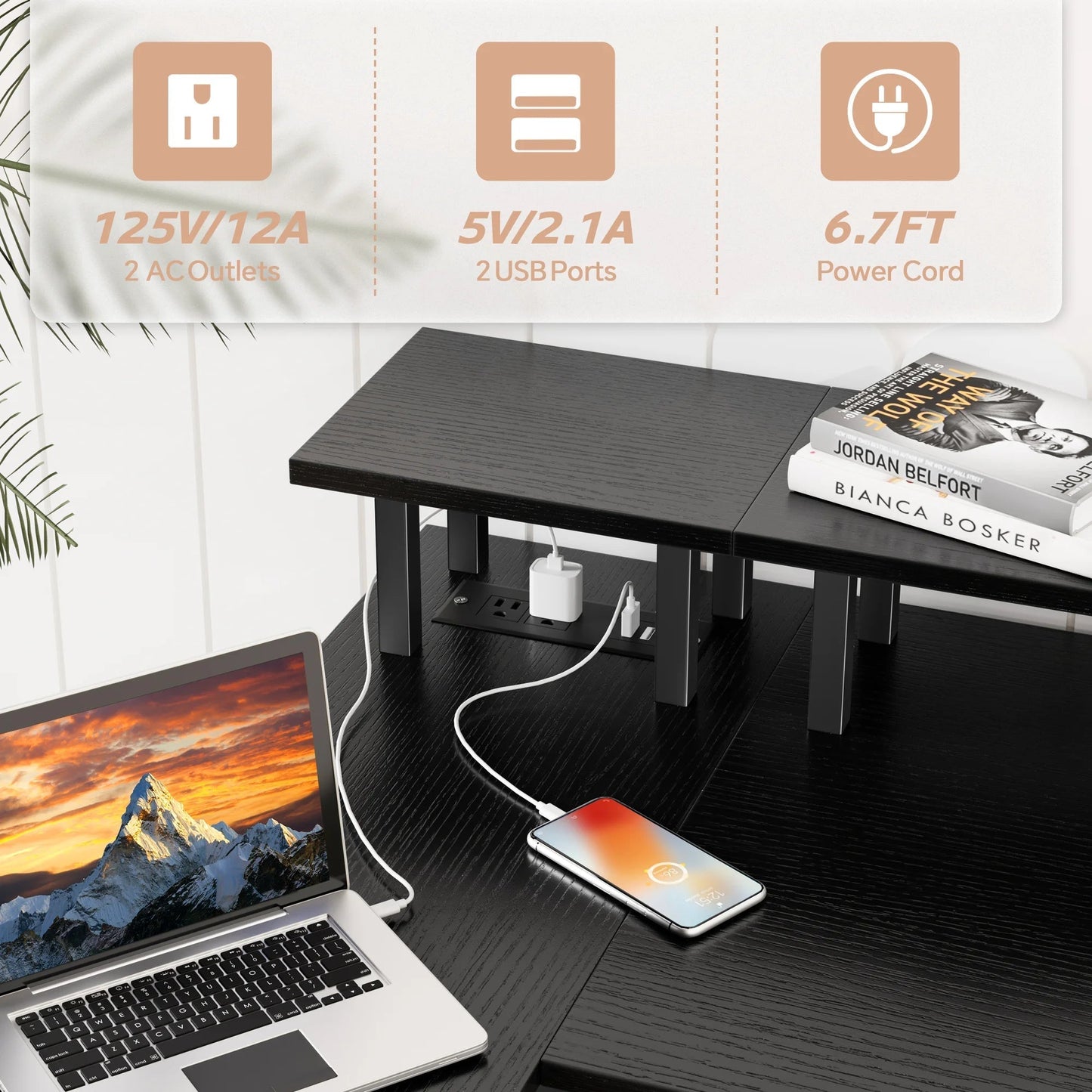 L-Shaped Office Desk with Power Outlets & LED Lights, 47" Computer Desk with Monitor Stand, Black