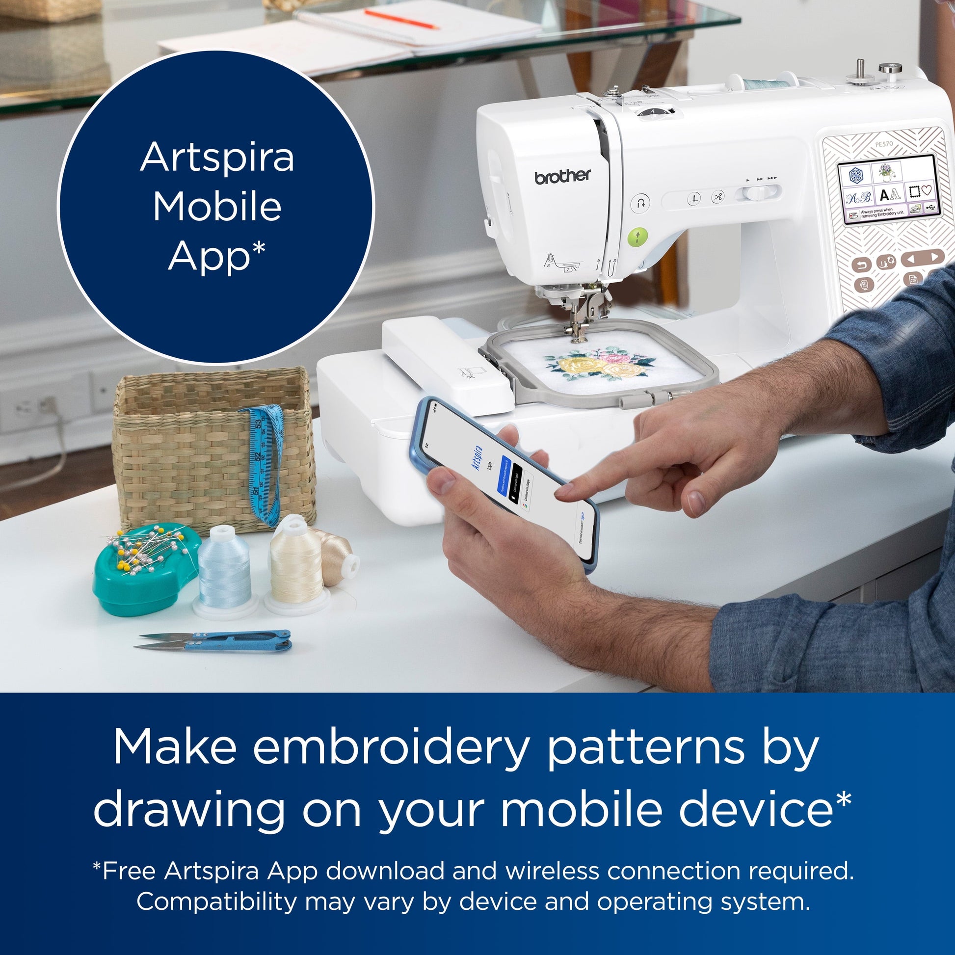 Brother PE570 Embroidery Machine with 135 Built-In Designs, Wireless Connectivity, and Artspira App Integration