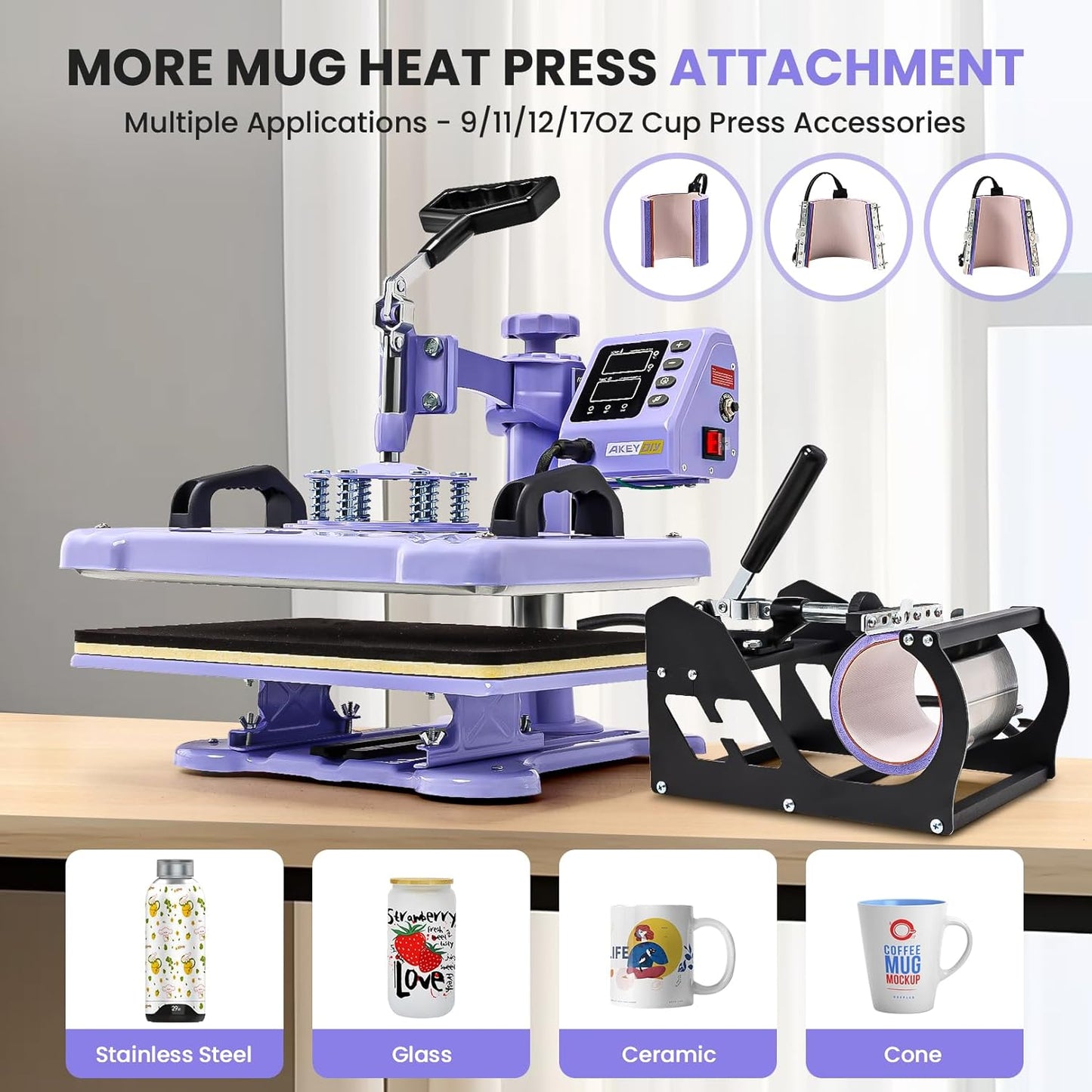 AKEYDIY Heat Press 15X12 Inch, 8 in 1 Heat Press Machine for T-Shirts Hat Cap Mug Plate, 360° Swing Away Shirt Pressing Machine, Sublimation Heat Transfer Machine with Tumbler Press Hat Press, Purple