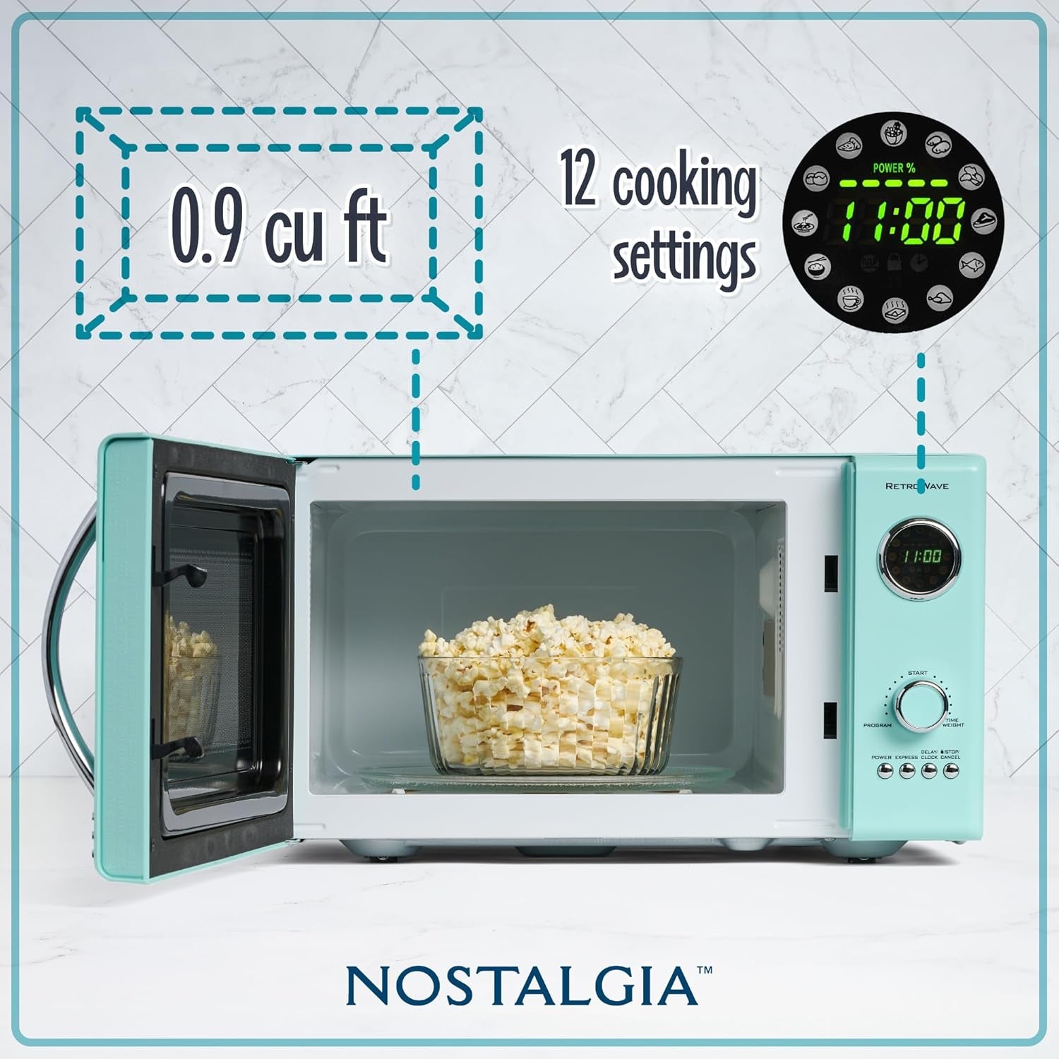 Nostalgia Retro Countertop Microwave Oven - 800-Watt - 0.9 Cu Ft - 12 Pre-Programmed Cooking Settings - Digital Clock - Kitchen Appliances - Aqua