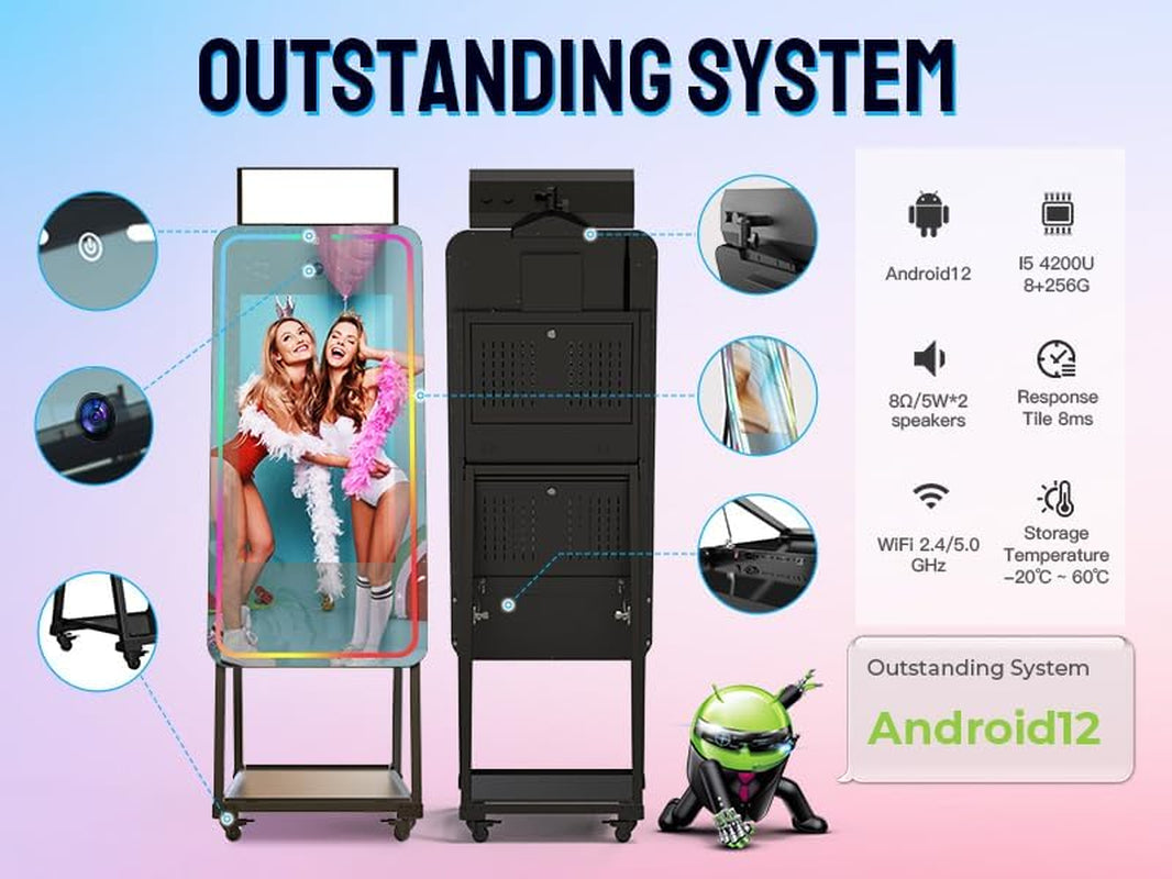 MWE Magic Mirror Photo Booth Machine Touch Screen with Printer,12Mp 4K HD Camera,Rgb Surround Light Music Sync,Professional Photography Light,Dual System,Software APP Remote Control (47In)