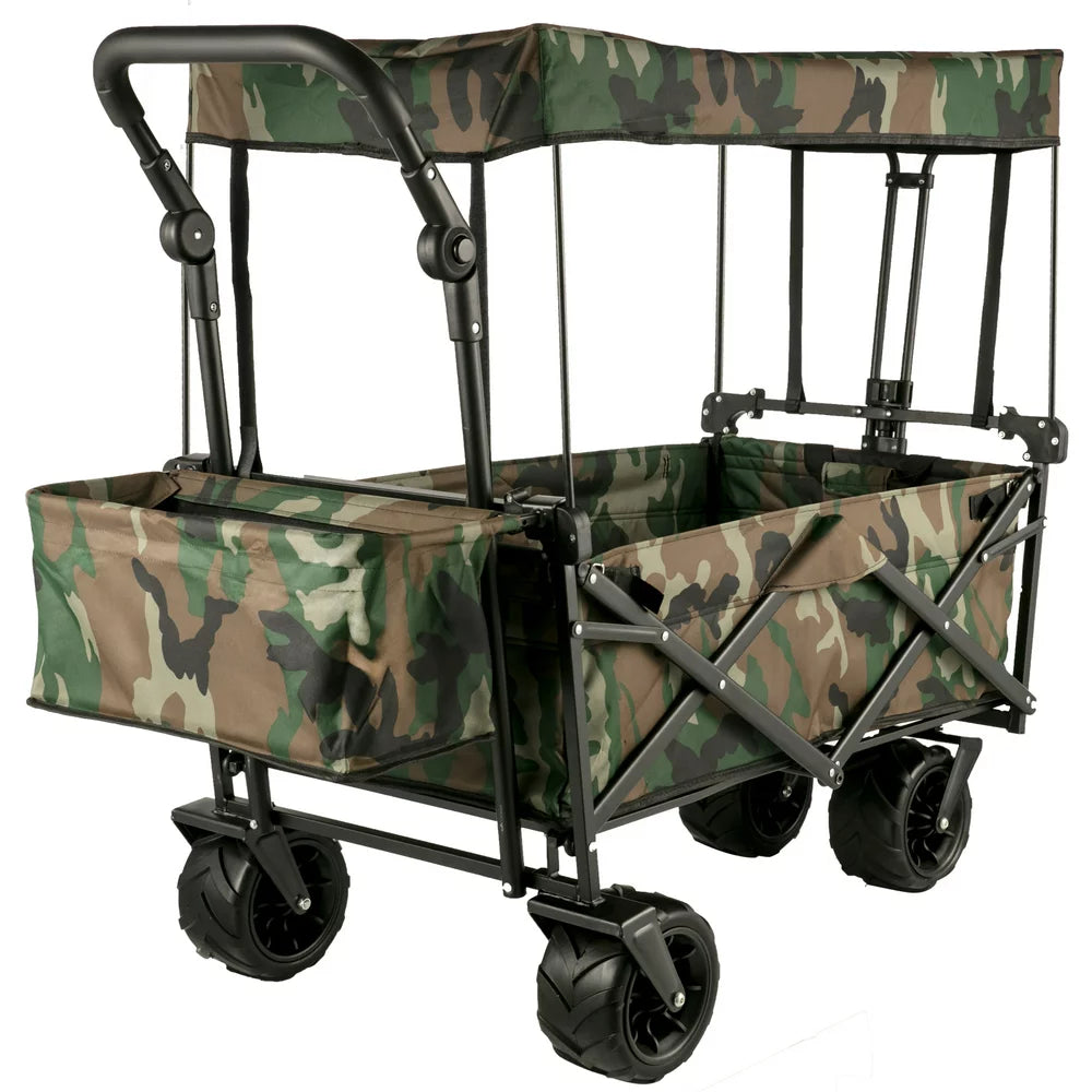 Collapsible Wagon Cart Camouflage, Foldable Wagon Cart Removable Canopy 603D Oxford Cloth, Collapsible Wagon Oversized Wheels, Portable Folding Wagon Adjustable Handles, Beach, Garden