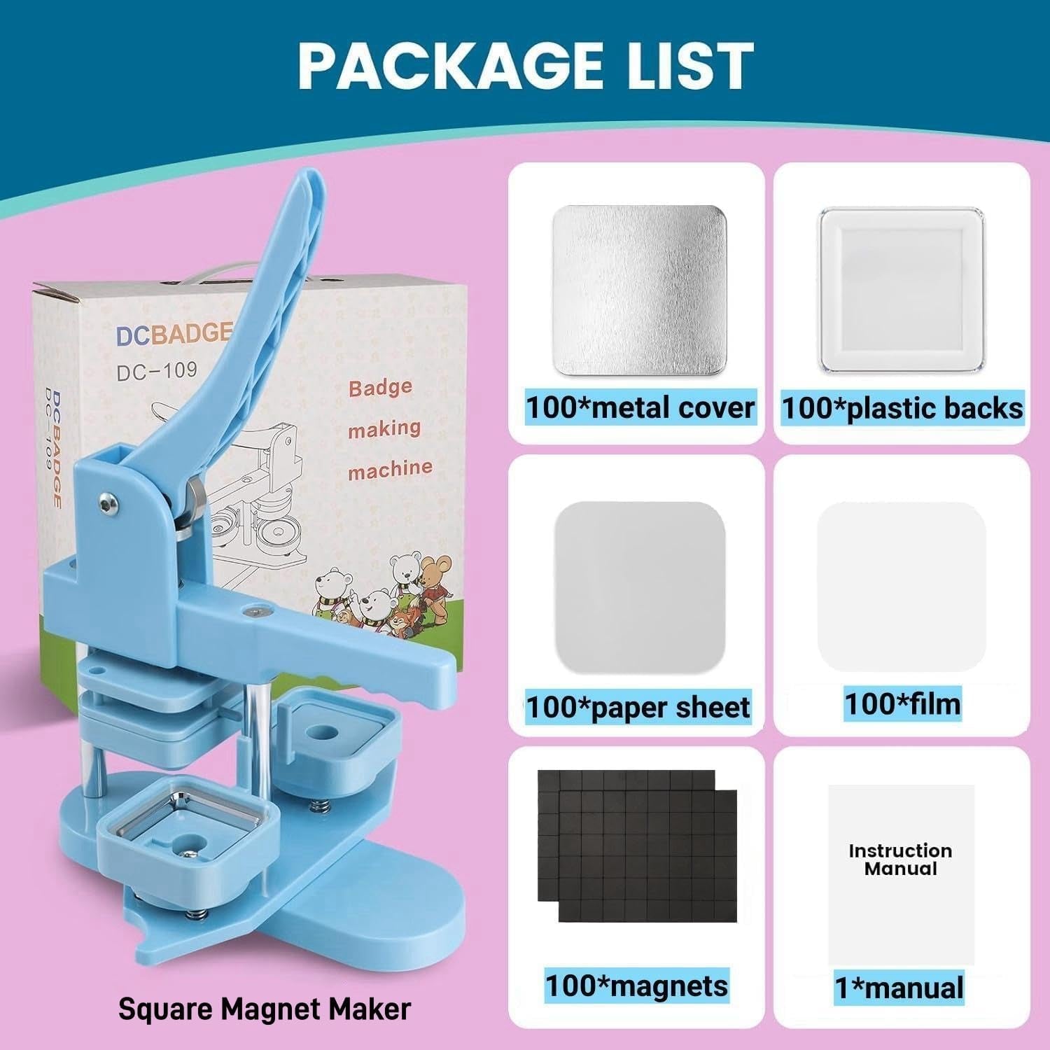 Square Magnet Button Maker Kit - Holographic Film 2'' X 2'' Button Press Machine with 100 Set Fridge Magnet Making Supplies(Metal Cover, Film, Back Inserts), for Craft, Home, Small Business