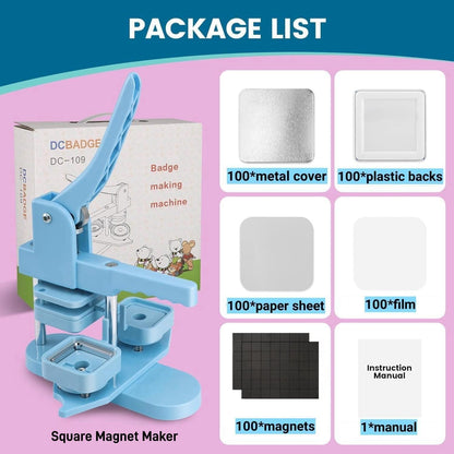 Square Magnet Button Maker Kit - Holographic Film 2'' X 2'' Button Press Machine with 100 Set Fridge Magnet Making Supplies(Metal Cover, Film, Back Inserts), for Craft, Home, Small Business