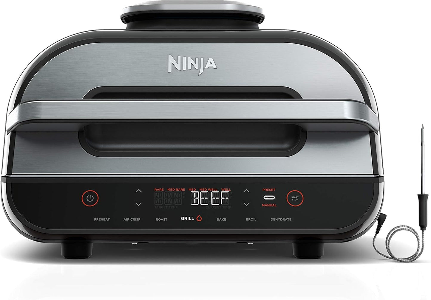 Ninja | Indoor Grill and Air Fryer| Foodi Smart XL | 6-In-1 Grill, Air Fry, Roast, Bake, Broil, Dehydrate & Crisp |Smart Thermometer & Splatter Shield | Dishwasher Safe Parts | Black/Silver | FG551