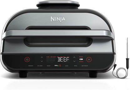 Ninja | Indoor Grill and Air Fryer| Foodi Smart XL | 6-In-1 Grill, Air Fry, Roast, Bake, Broil, Dehydrate & Crisp |Smart Thermometer & Splatter Shield | Dishwasher Safe Parts | Black/Silver | FG551