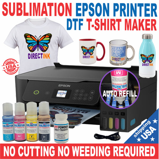 Epson Tank Printer with Sublimation Direct Ink Heat Transfer + DTF Start Kit