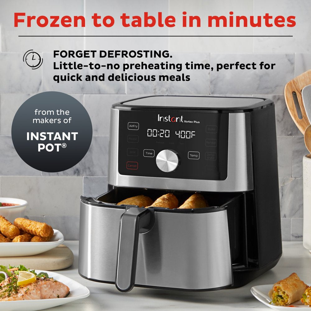 Vortex plus 6-In-1 Large 6-Quart Air Fryer Oven with Customizable Smart Cooking Programs, Non-Stick and Dishwasher-Safe Basket, Includes Free App over 1900 Recipes, Stainless Steel