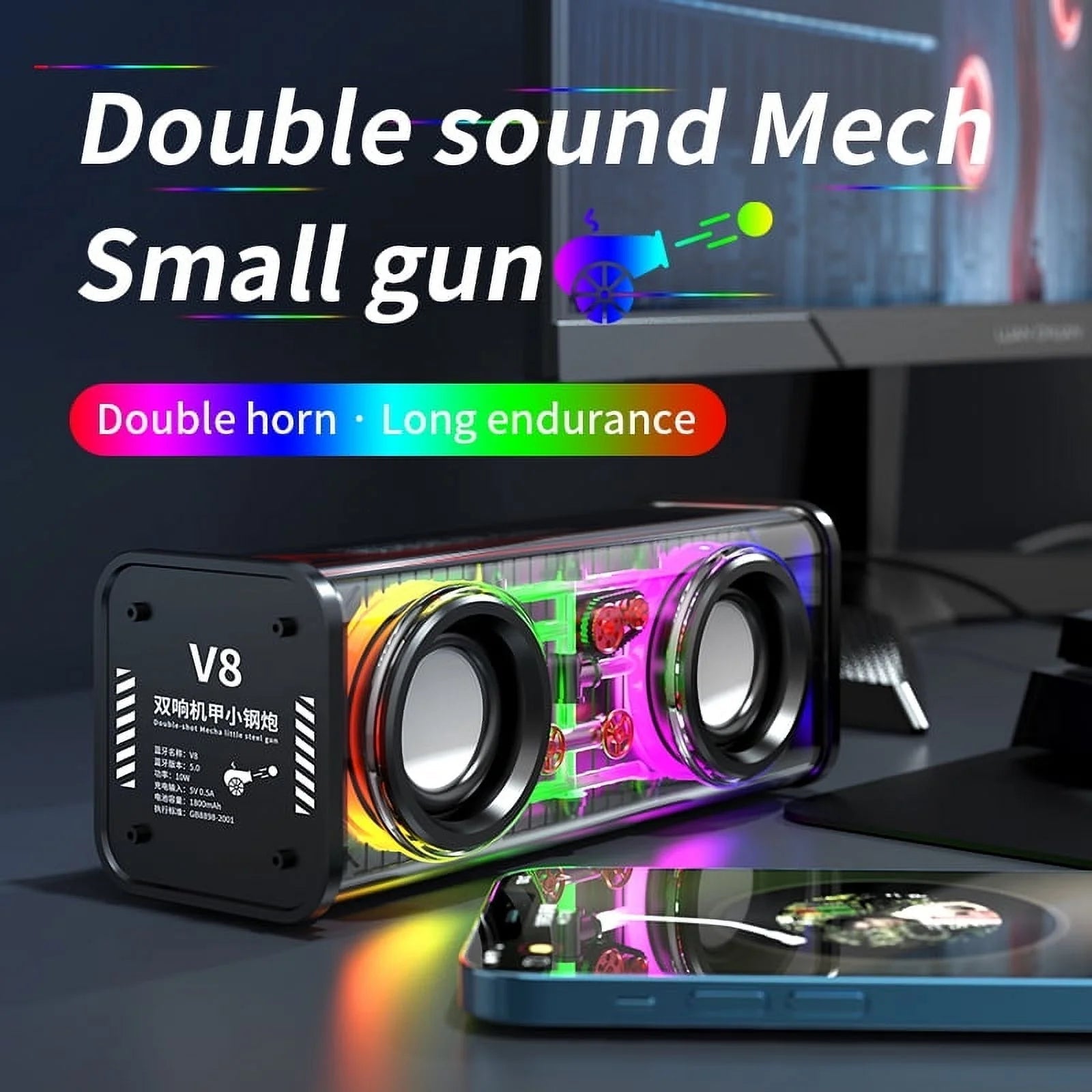 F8 Portable Bluetooth Speaker Transparent Mecha Wireless Speaker with Colorful LED Lights,Bt 5.3,Steel Bass Vibration Film Audio,Tws Stereo Sound 6H Speakers for Party Camping Beach Travel