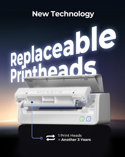 MUNBYN Replaceable Print-Head Bluetooth Thermal Label Printer with Paper Holder, RW405B, Wireless 4X6 Shipping Label Printer for Small Businesses Compatible with Mac, Windows, Iphone, Android, Chrome