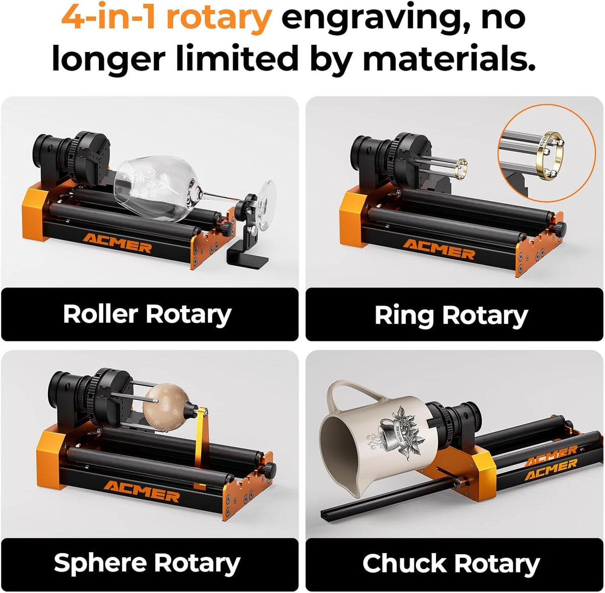ACMER M4 Laser Rotary Roller, Laser Engraver Y-Axis Rotary 360° Roller with 3-150Mm Engraving Space for Engraving Cylindrical Objects, Ring, Suitable for ACMER P2, P1 and Most Laser Engraver