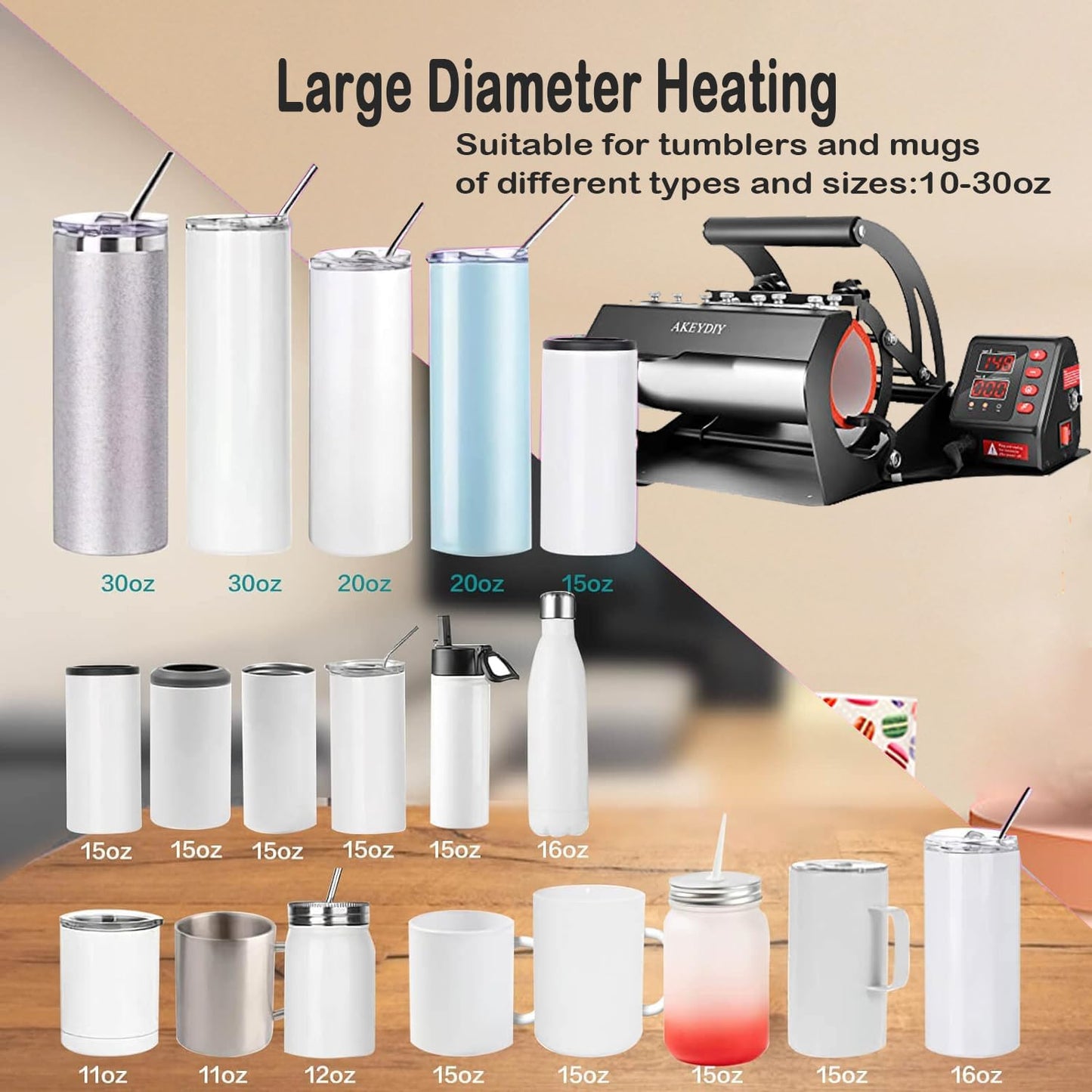 AKEYDIY Tumbler Heat Press 30Oz 20Oz 16Oz Sublimation Tumblers Press Straight Skinny Tumbler Cup Press Glass Jar Cans,Tumbler Mug Heat Press Machine 20 and 30Oz 11-16Oz DIY Heat Transfer Press Vinyl