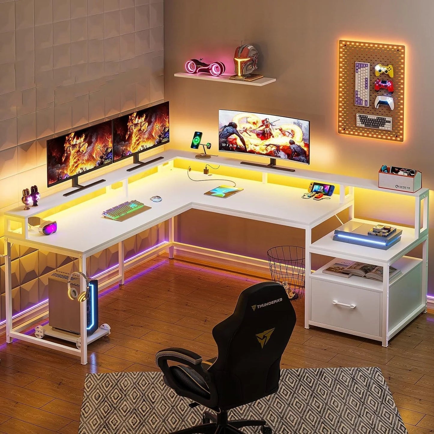 L Shaped Desk with LED Lights, Corner Computer Desk with File Drawer and Power Outlet, Gaming Desk for Home Office, White